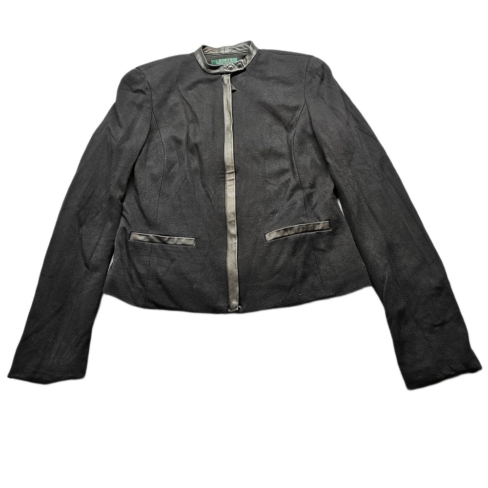 Lauren Ralph Lauren Jacket Womens 6 Black Leather Trim Long Sleeve Full Zipper